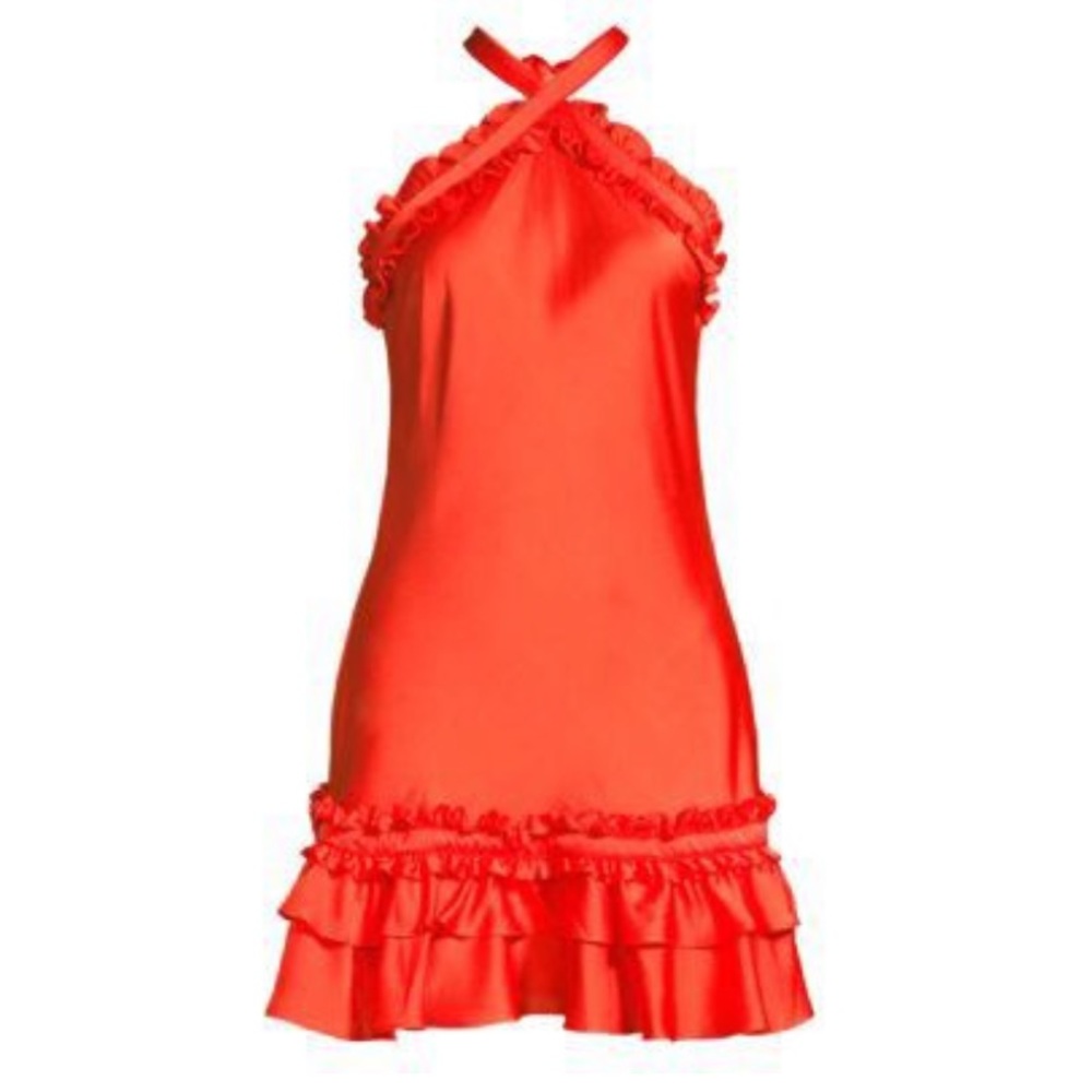 ALEXIS Bloom Ruffle Halterneck Mini Dress In Red (L)